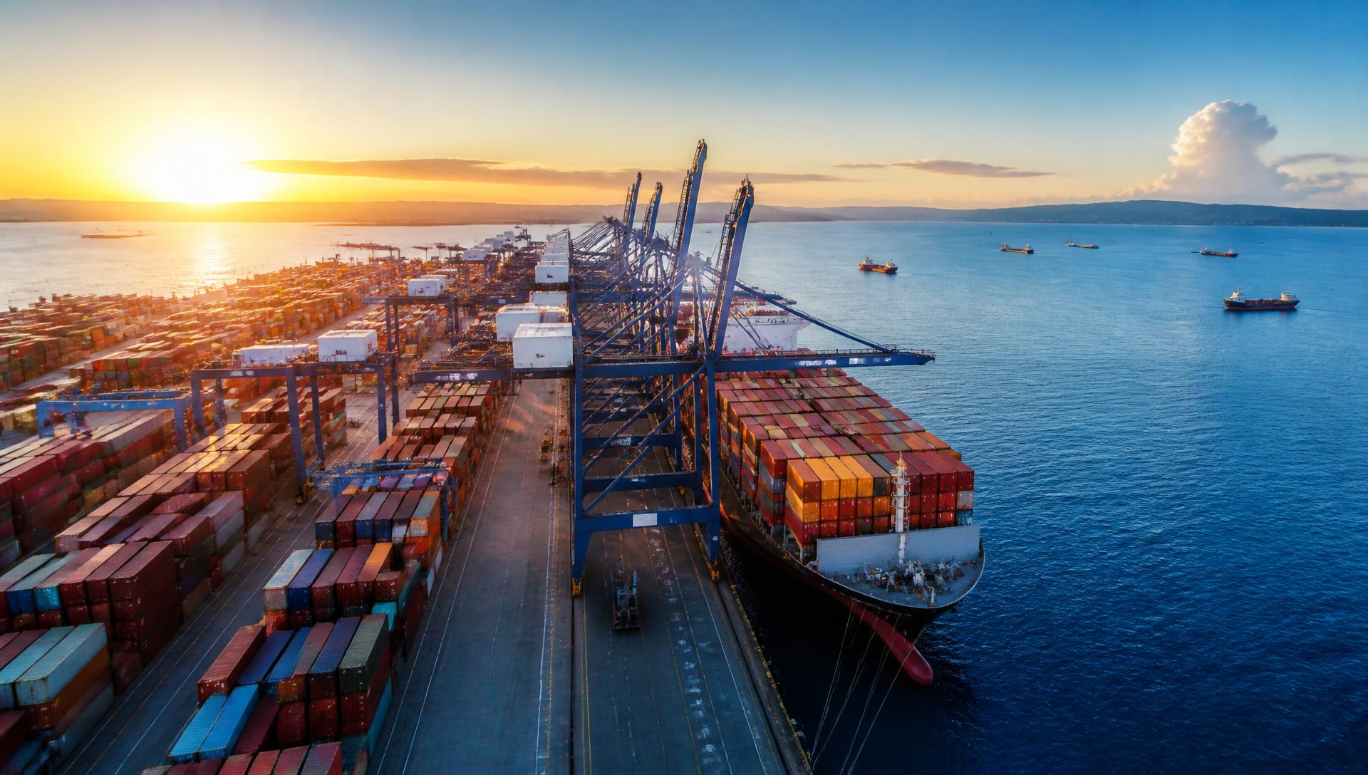 Container vessel berthed at a seaside export port at first light